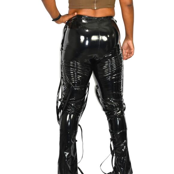 TLZ Femme Vinyl Pants Black PVC Patent Shiny Wet Liquid Straps Boot Cut Medium - Picture 3 of 14